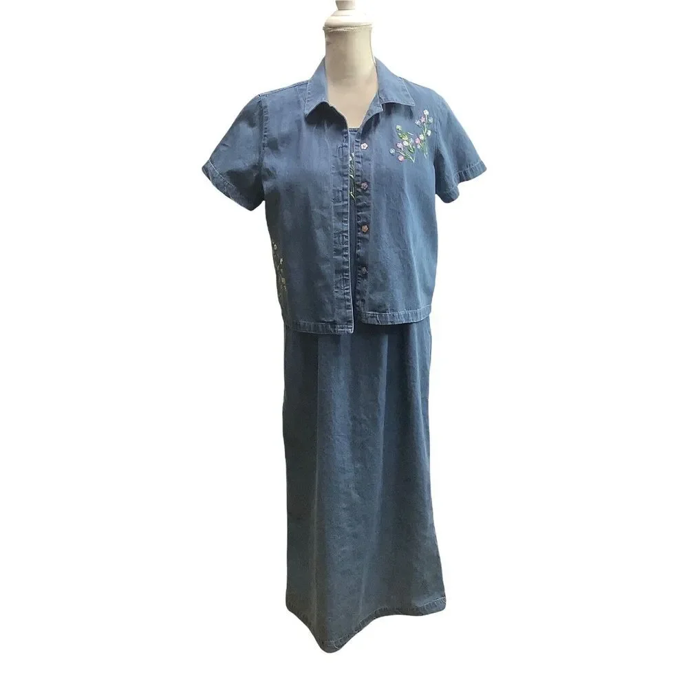 Womans Blair 2 Pc Denim Dress Jacket Size Small Petite Embroidered Dress Vintage